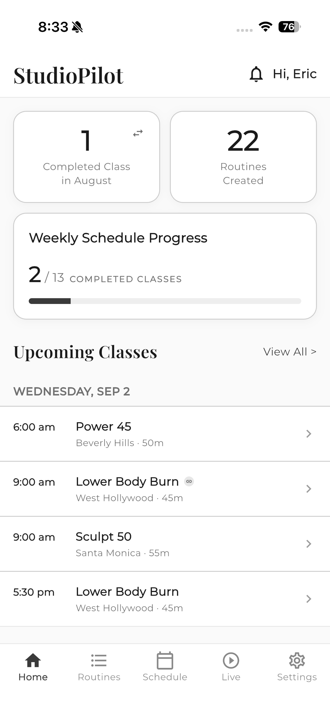 Home — today’s classes at a glance
