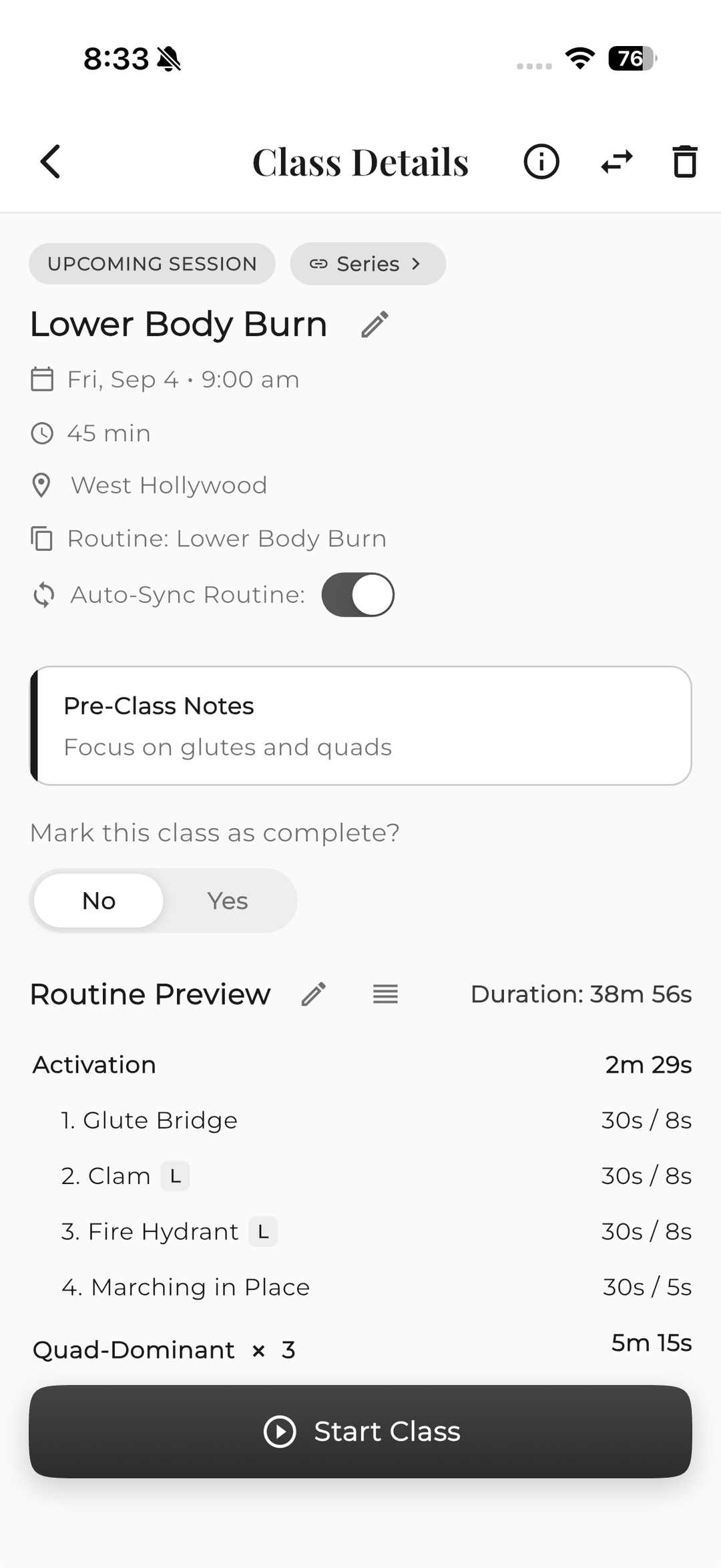 Class details with routine preview