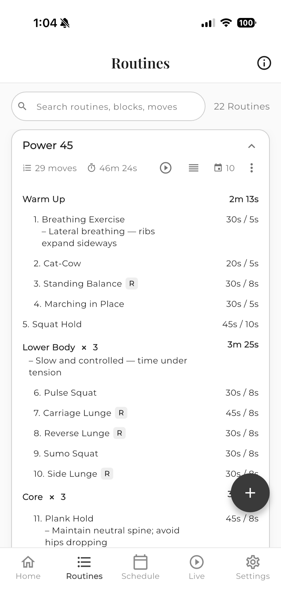 Routine expanded — blocks and timed moves